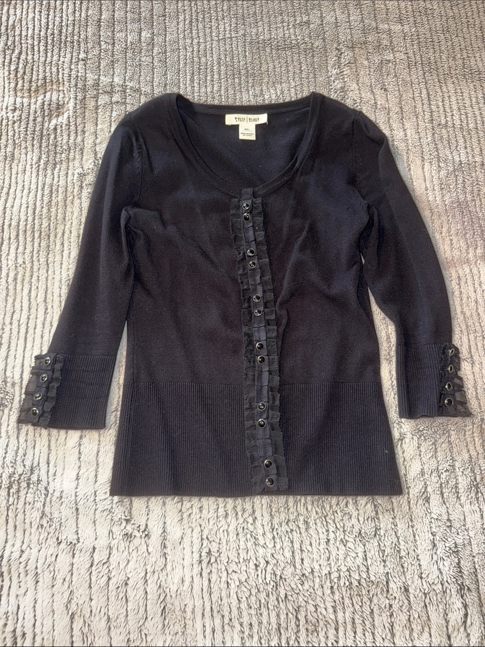 White House Black Market Black Ruffle-Trim Button Front Cardigan